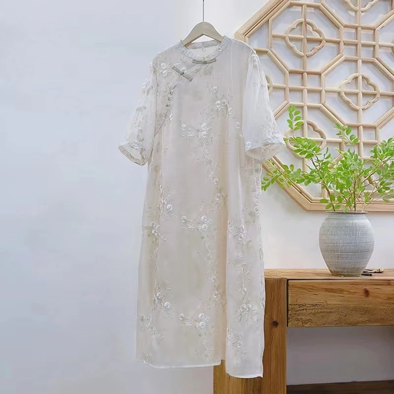 

New Chinese Style Vintage Heavy Industry Embroidery Flower Dress Women Summer Loose Button Cheongsam Robe Cotton Vestidos X1246