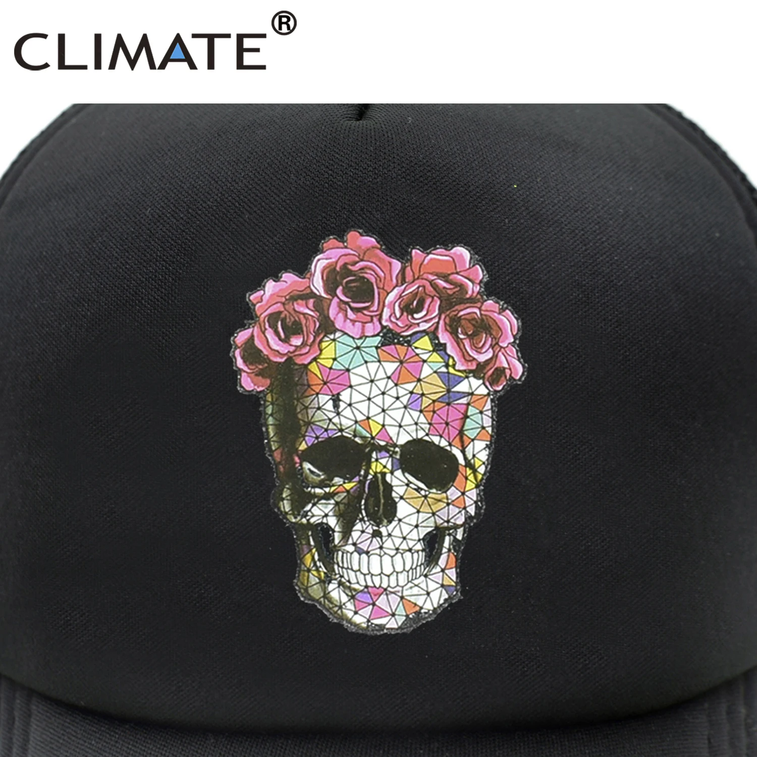 CLIMATE Flower Skeleton Trucker Cap Cool Men Skull Bone Flower Cap HipHop Caps Summer Bloodcurdling Black Mesh Cap Hat for Men