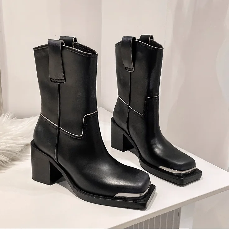 

Luxury Leather Square Toe Mid-calf Cowboy Boots Lady Fashion New Chunky High Heel Knight Boots Women Shoes Black Fall 2024