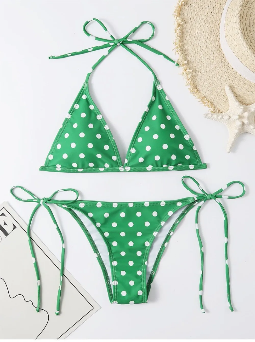 

Сексуальный галстук-бикини с принтом в горошек, микро-мини-комплекты из двух частей, купальники-стринги, пляжная одежда, купальный костюм, купальники, бикини