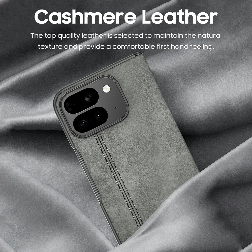 حافظة لهاتف Google Pixel 9 Pro قابلة للطي مع واقي شاشة، حماية مفصلية، حافظة جلدية غير لامعة لهاتف Google 9 Pro Fold Pixel-أسود