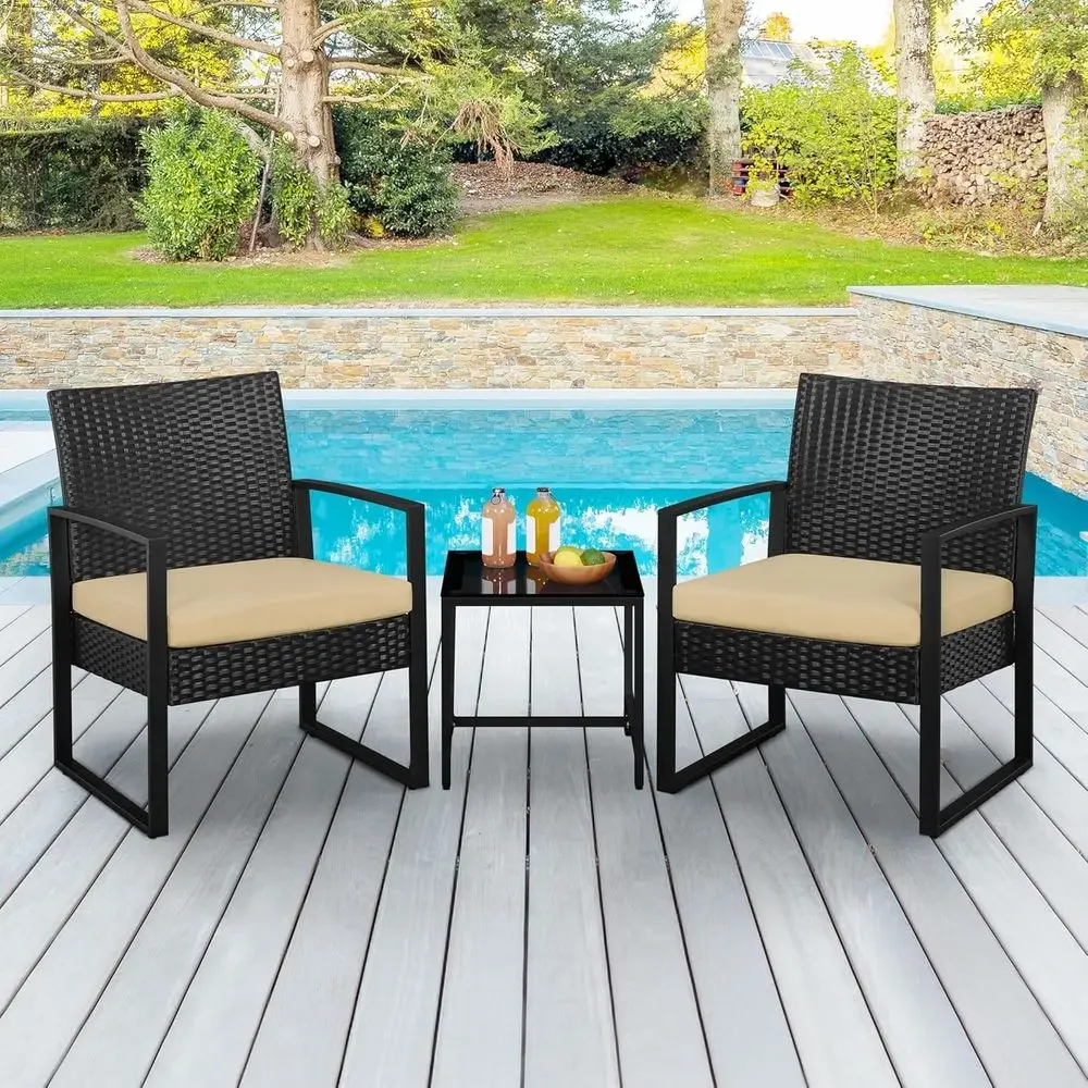 3 Pieces Rattan Bistro Set, Indoor/Outdoor Wicker Patio ern Contion urniture, 2 Chairs & Tempered Glass Coee Table or Garden, Ba view 3