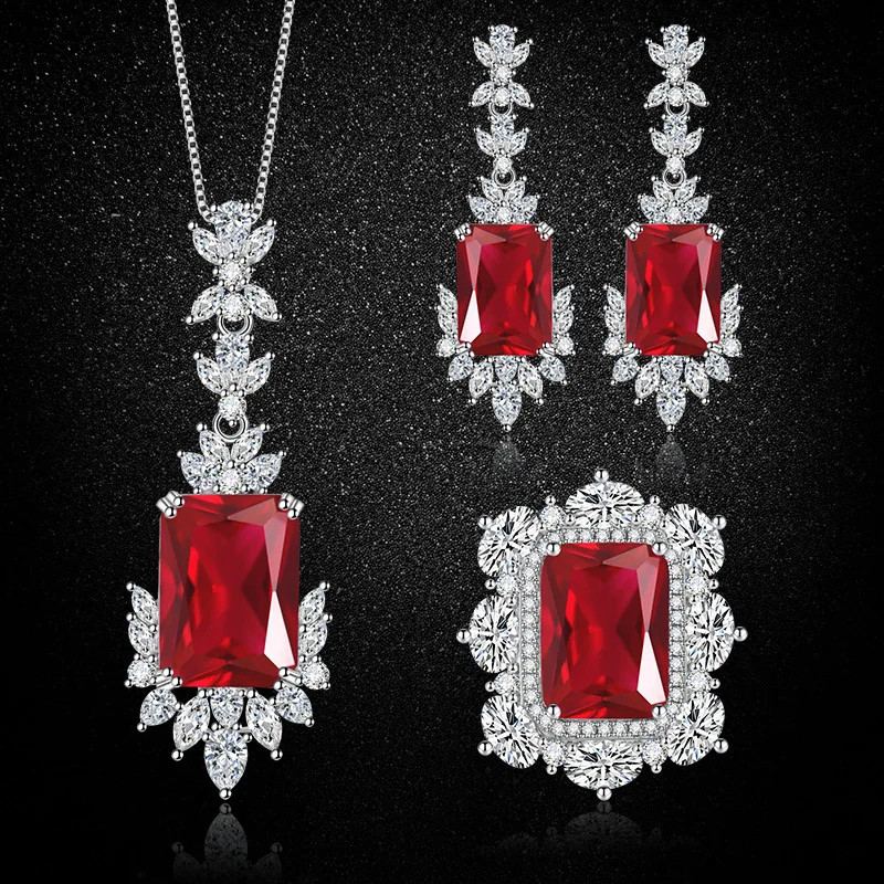 

Fashion Women's S925 Sterling Silver 3‑Piece Jewelry Set, Blue Sapphire & Pigeon‑Blood Red Zircon Ring Necklace Stud Earrings