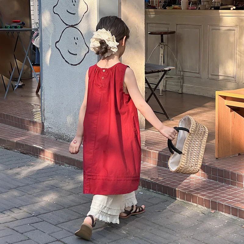 Girls' Cotton Dress 2025 Summer Dress, Children's Red Temperament Sleeveless Princess Vest Dress