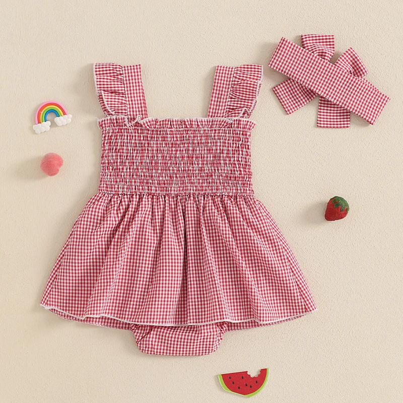 Baby Girl Plaid Romper Dress Strawberry Smocked Fly Sleeve Bodysuit with Headband 2 Pcs Summer Outfits