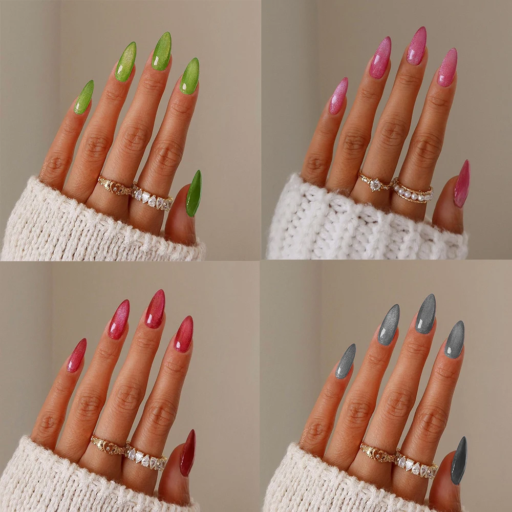 Mulheres olho de gato, unhas postiças amendoadas, manicure para usar, pontas de unha cheia, unha postica com cabeça apontada, moda