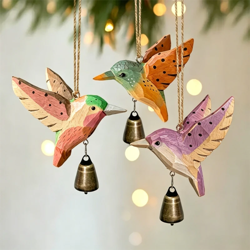 1pc Hand-Carved Solid Wood Hummingbird Wind Chime Pendant -Wood Grain Flying Bird Sculpture with Soothing Sound Rustic Farmhouse