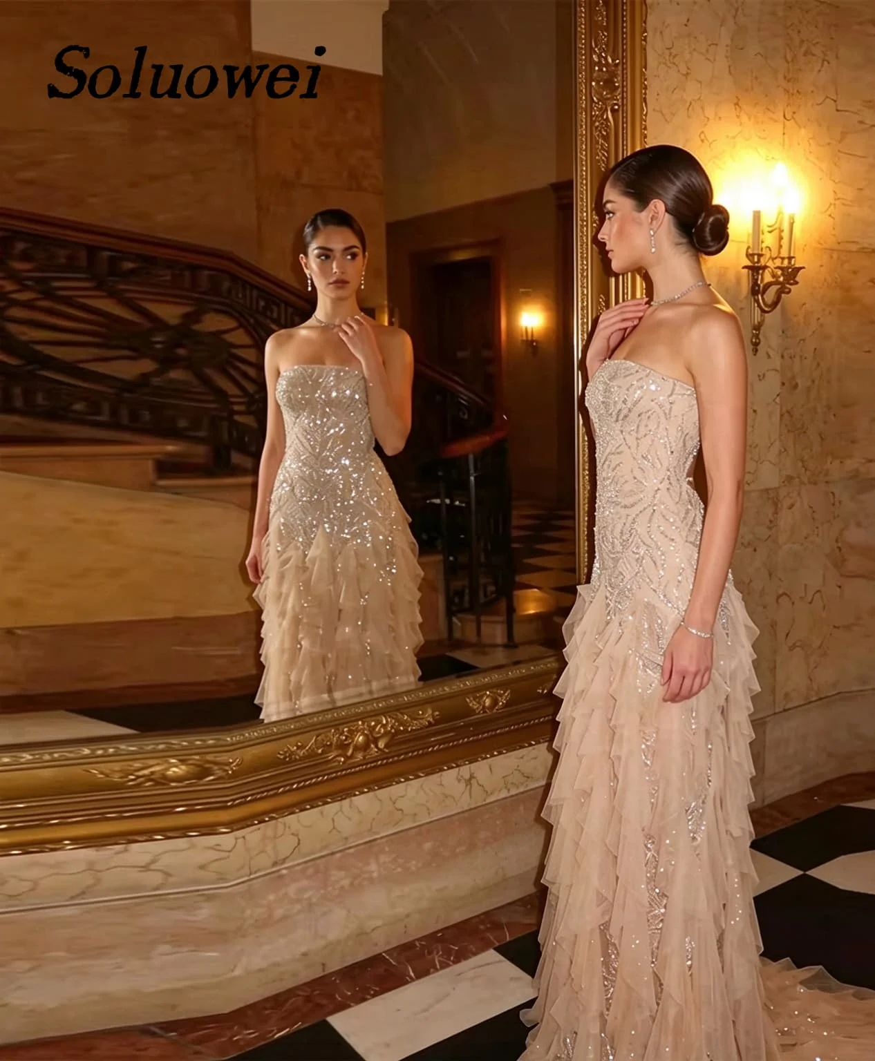 Exquisite Tulle Sequined Rhinestone Evening Dresses Fashion Strapless Sleeveless Floor Length Prom Gown robes du soir Customized
