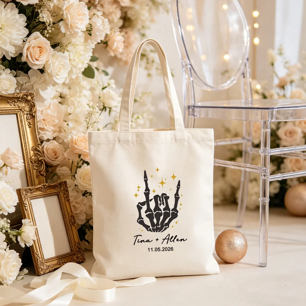 Custom Canvas Tote Bag, Skeleton Hands Heart Wedding Bride Tote, Personalized Gothic Engagement Bridal Shower Gift.