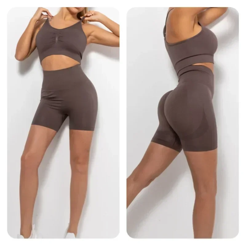 Feminino sem costura pêssego sorridente rosto levantamento yoga shorts roupas de fitness sutiã esportivo conjunto de roupa interior