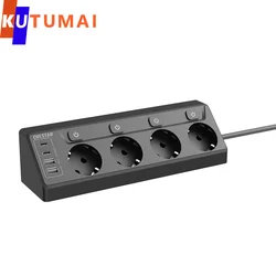 EU Power Strip Multi Electric Socket Network Filter 4 Outlets 4USB Ports Fast Charging 6.5FT Extension Cable Independent Switch