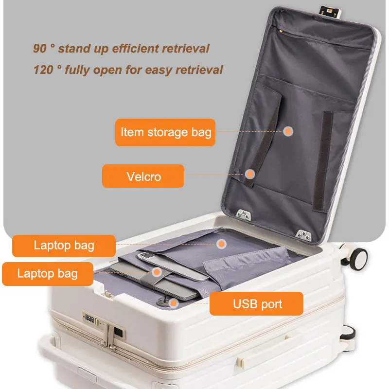 Front Laptop Pocket Suitcase Travel Suitcase 20''Carry-On Luggage Women PC Trolley Case With USB Port & Water Cup Holder