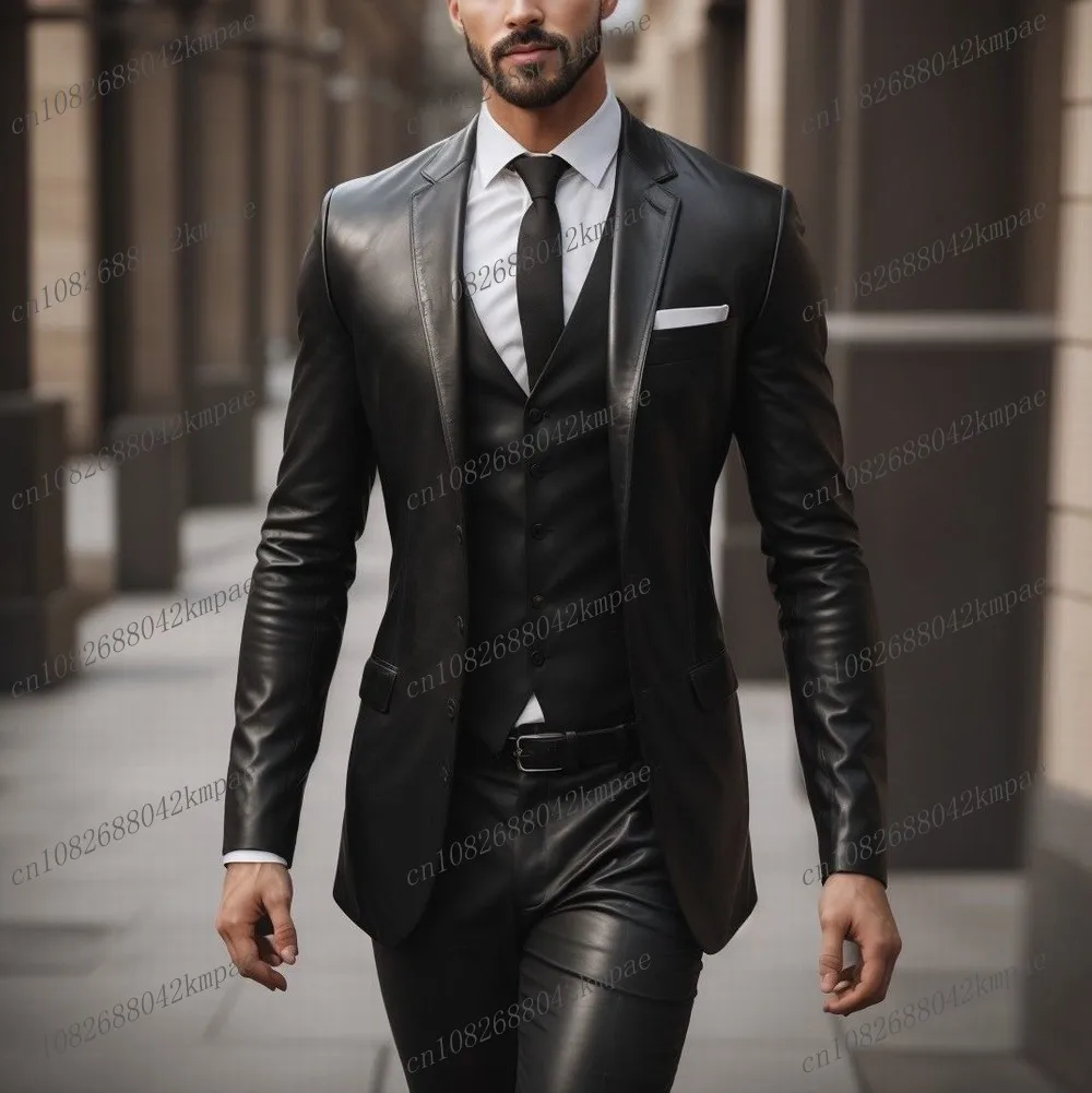 

New Black Satin Men Suit Formal Groom Groomsman Wedding Party Prom Male Business Tuxedos 3 Piece Set Blazer Vest Pants
