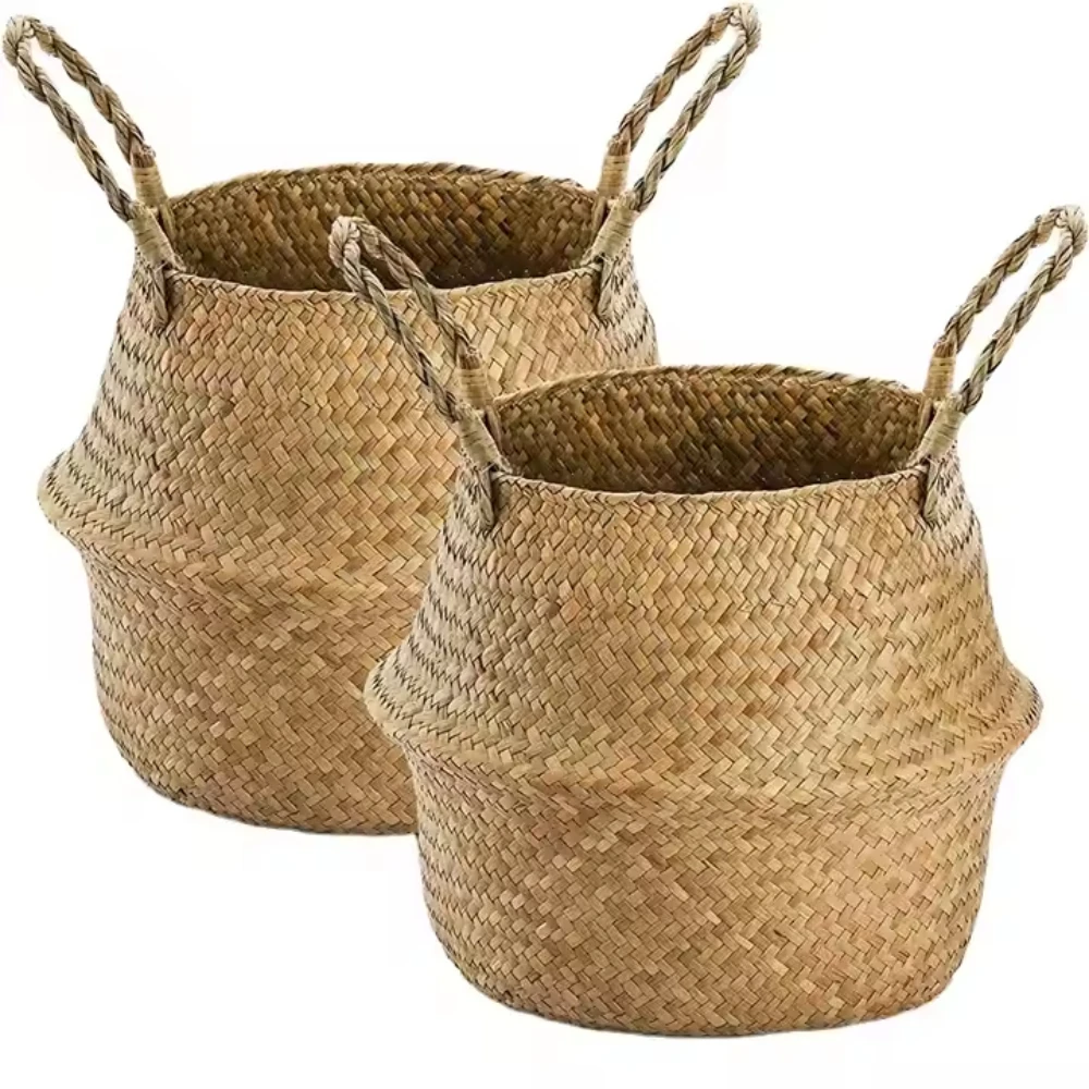 

Natural Seagrass Woven Storage Basket Foldable Laundry Bin with Handles Plant Pot Garden Organizer for Home Room Decoration home