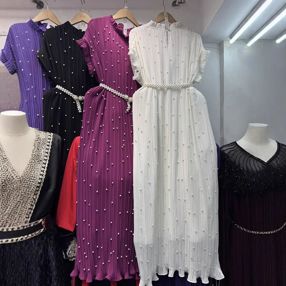 

Women Long Beading Dresses H Line Pleated Dress Solid Pearl Belt Round Neck Short Sleeve Ankle Length Loose Casual 2025 Summer