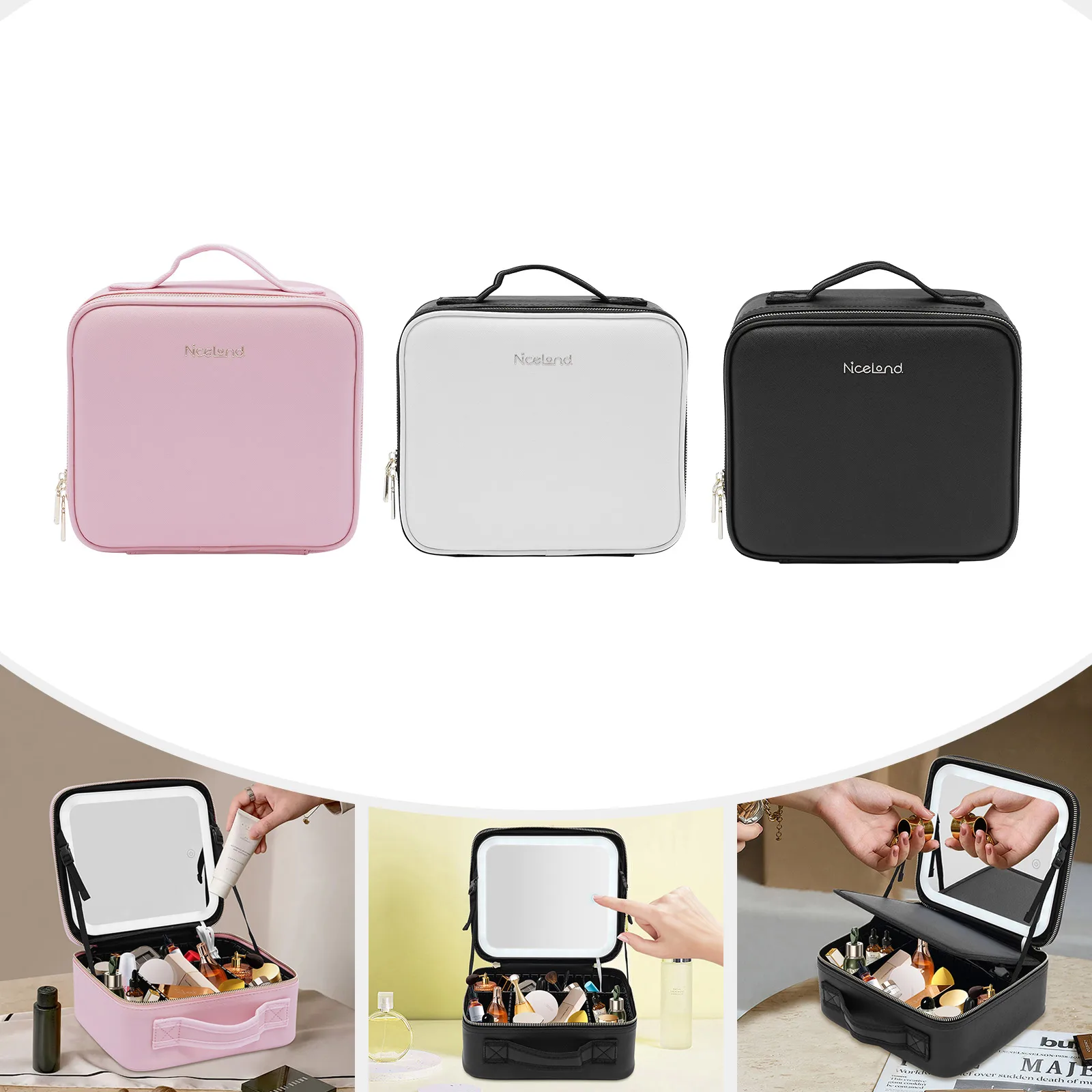 Travel Makeup Bag with LED Mirror 3 Color Scenarios Adjustable Brightness Large Cosmetic Organizer Storage Adjustable Dividers W