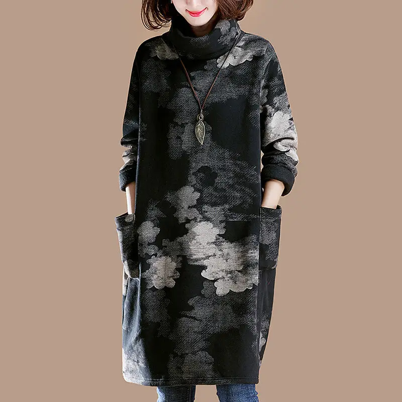 Women's Autumn Winter Fashion Minimalist High Neck Printed Pocket Casual Versatile Long Sleeved Loose Plush Thickened Dress