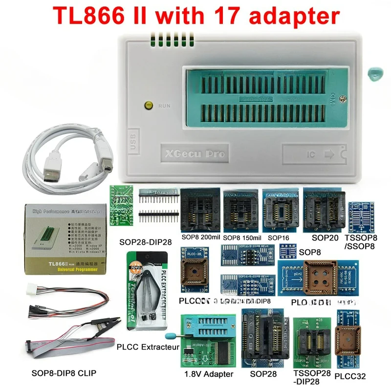 TL866II Plus Universal Minipro 17 Adapters Clip TL866 PIC Bios High Speed Programmer