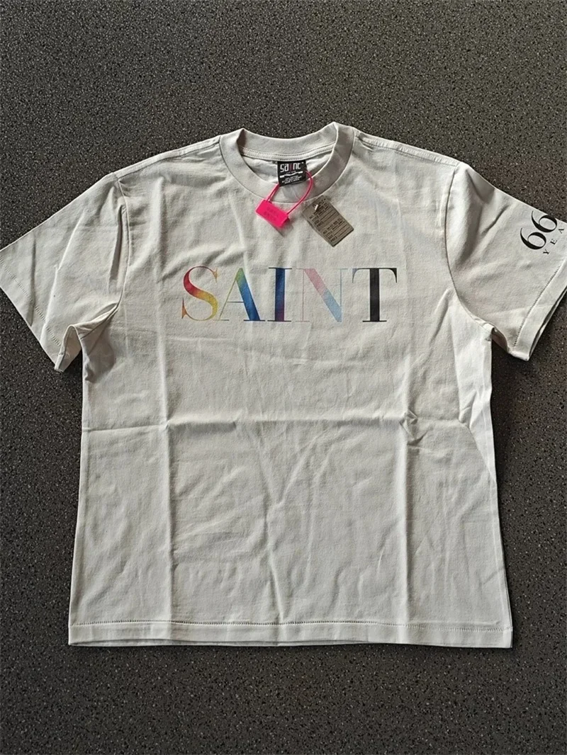 

25ss Casual Saint Michael White T Shirts Men Women Rainbow Letters Logo Print Oversized Pure Cotton T-Shirt