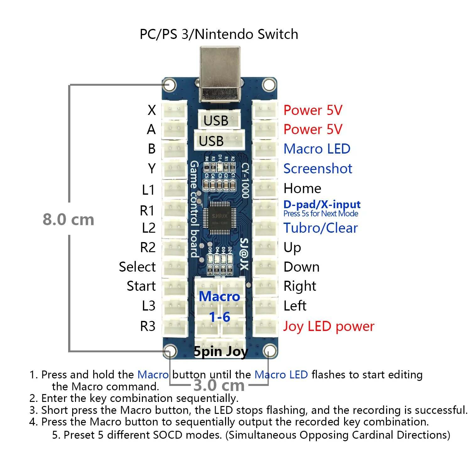 SJ @ JX Arcade Game USB Encoder Board Macro Command Zero Tundaan Tombol Joystick Controller untuk Nintendo Switch PC PS3