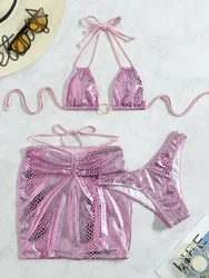 3PCS with Skirt Shiny Snake Skin Bikini Women Swimwear Female Swimsuit Three-pieces Bikini Set Halter Bathing Suit Beach Wear