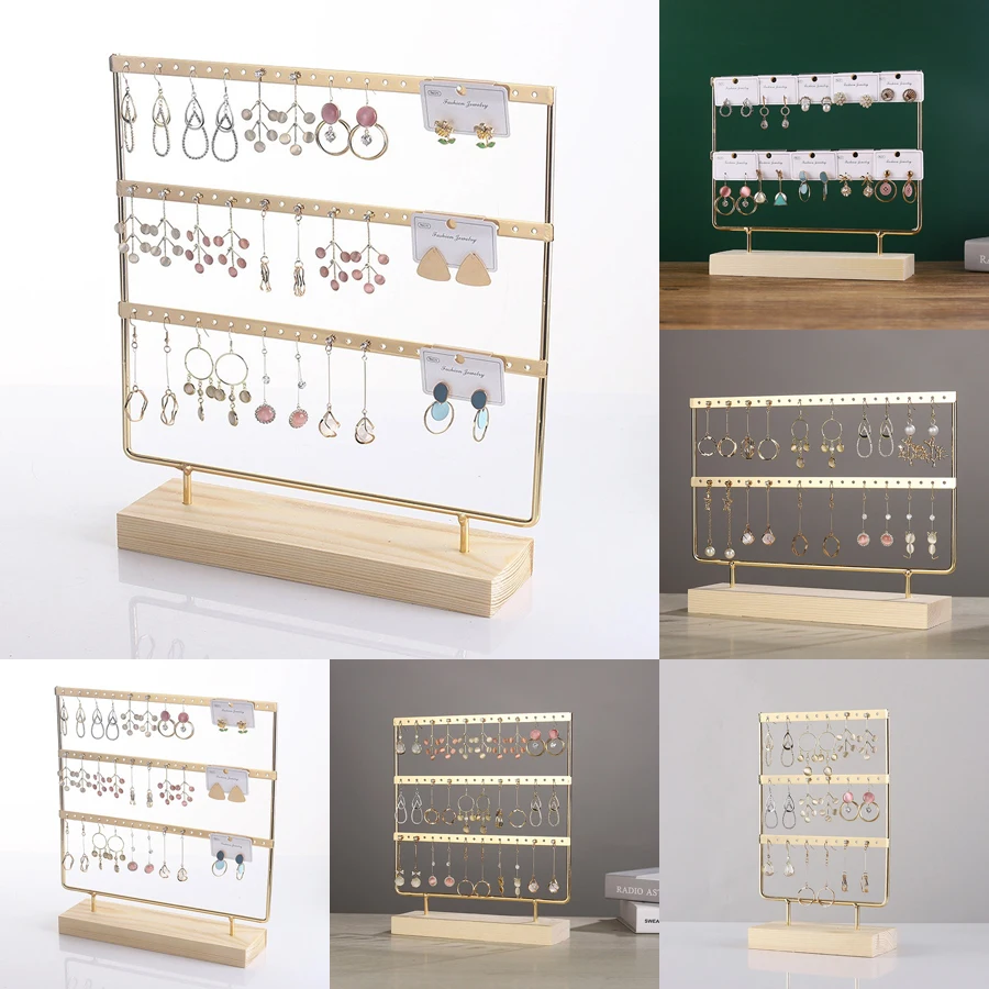 Luxury Multilayer Metal Earrings Display Stand With Wood Base Pendant Earring Jewelry Storage Racks Hanging Holder Counter Props