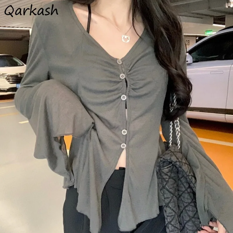 

Thin Cardigans for Women Flare Sleeve Solid Single Breasted Sexy Korean Style V-neck Sun-proof Slim High Street Elegant Female