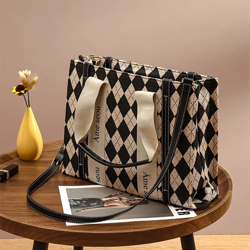 Canvas Tote Shopper Bags for Women Houndstooth Rhombic Lattice Pattern Luxury Fashion Large Capacity OL Work Crossbody Bags