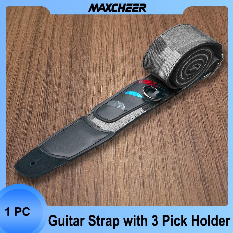 Guitar Strap with 3 Pick Holder Ring for Cable or Capo Genuine Leather Header Length Adjustable 96~150cm Blue/Gray 2 Inch