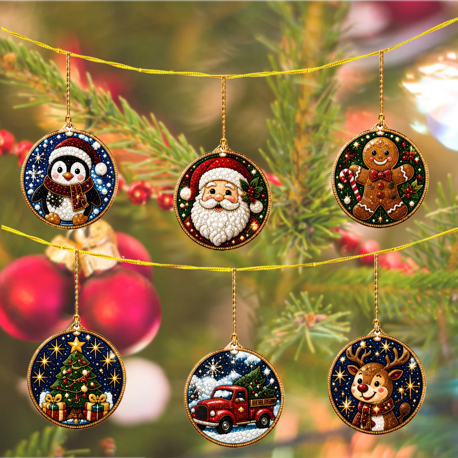 DIY Diamond Painting Christmas Ornaments 12Pcs Round Acrylic Holiday Tree Window Frame Hanging Decorations Kit