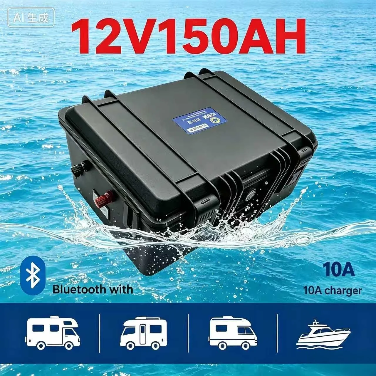 waterproof Lifepo4 12.8V 12V 150AH lithium battery BMS 4S for 1200W travel trailer motorhome Boat MPPT AVG RV +10A Charger