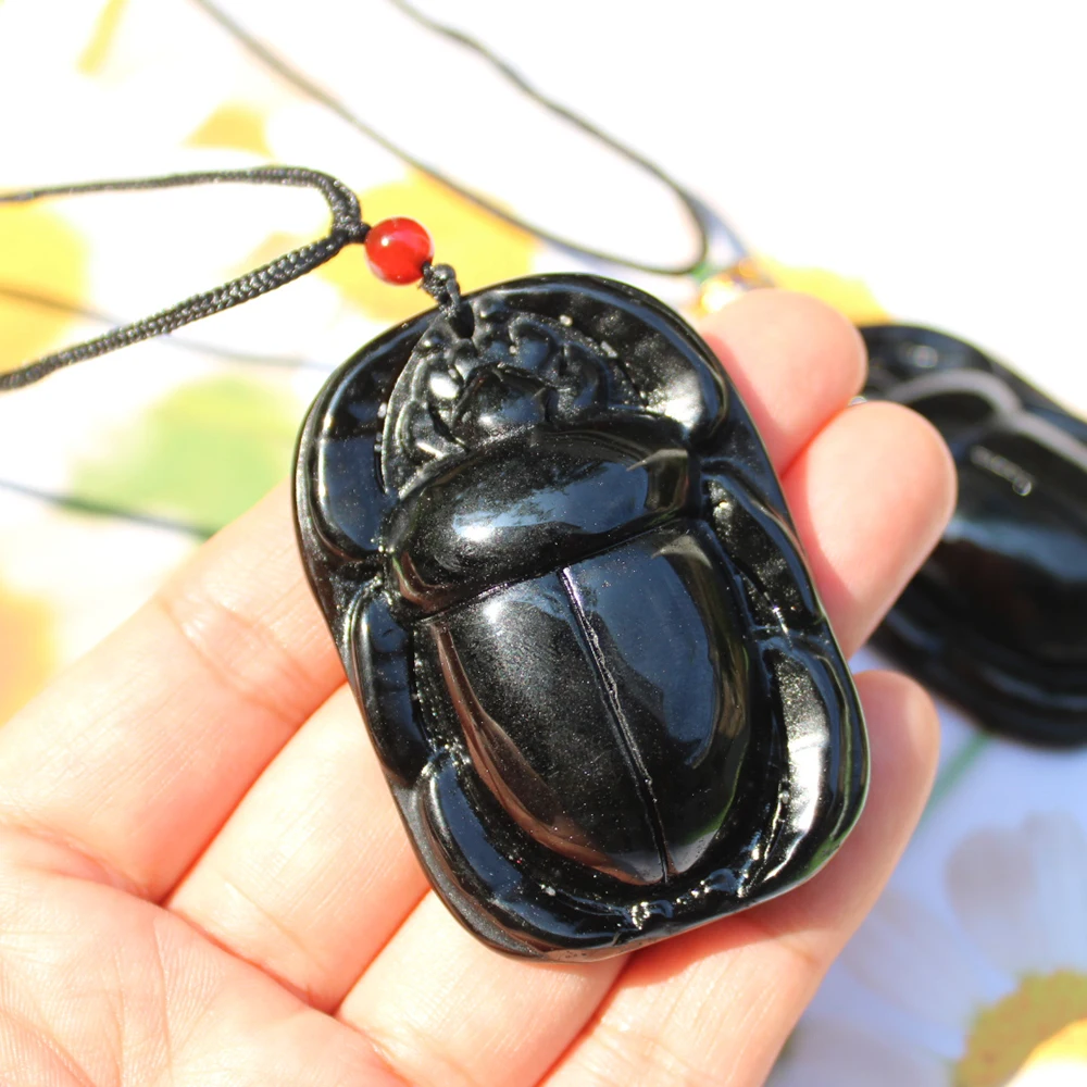 Hand Carved Ancient Egypt Cultura Sculpture Natural Black Obsidian Gemstone Crystal Egyptian Scarab Carving Necklace Pendant