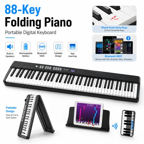 61/88 Keys Foldable Digital Piano Keyboard Bluetooth MIDI Rechargeable Built‑in Speaker With Light Option For Adult Beginner