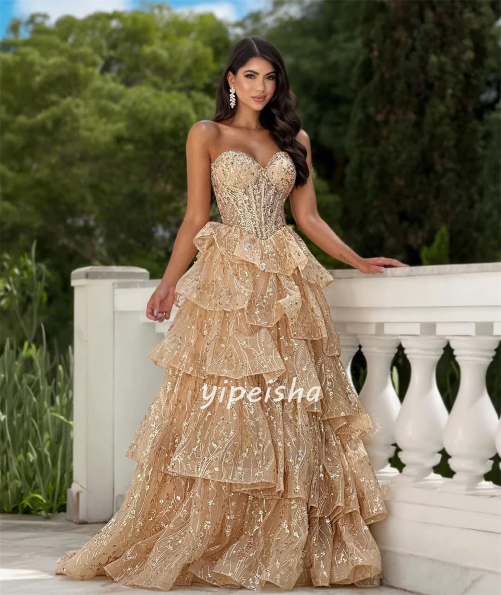 Aangepaste Prachtige Vrouwen Lovertjes Kralen A-lijn Avondjurken Sexy Sweetheart Ruches Tiered Baljurk Fashion Party Jurken