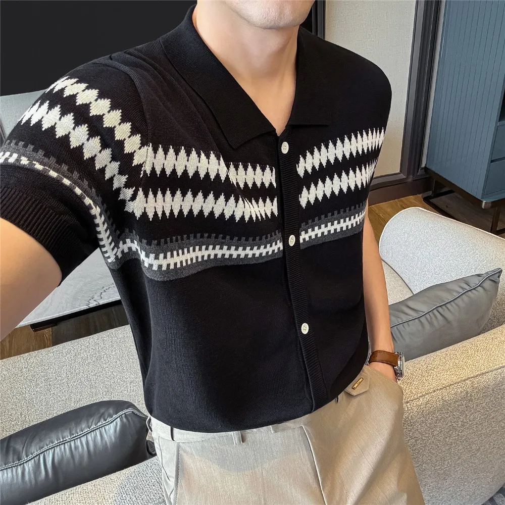 100% Lyocell Collar Knitted Men's Casual Business Knit Cardigan Short Sleeve Striped Polo Shirts Breathable Comfortable Top 2026