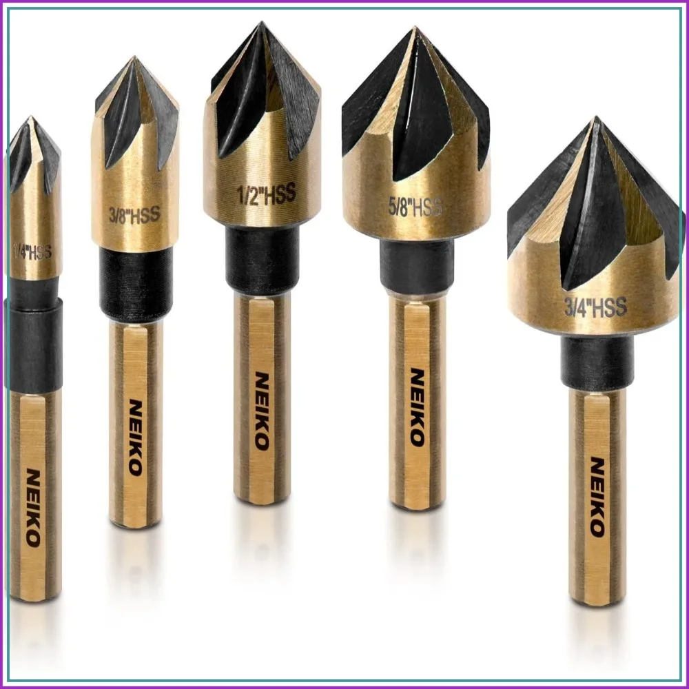 

5-Piece Countersink Drill Bit Set for Wood & Metal, 1/4" Tri-Flat Shank, M2 HSS
