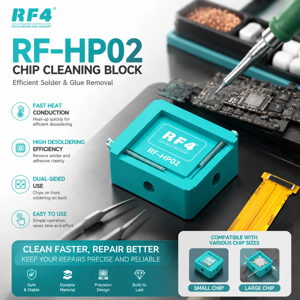 RF4 RF-HP02 Mini-Chip-Reinigungsblock, doppelseitig, schnelle Erwärmung zur Entfernung von Lötkleber, einstellbare Schraube, Multi-Größen-Chip-Reparaturwerkzeug