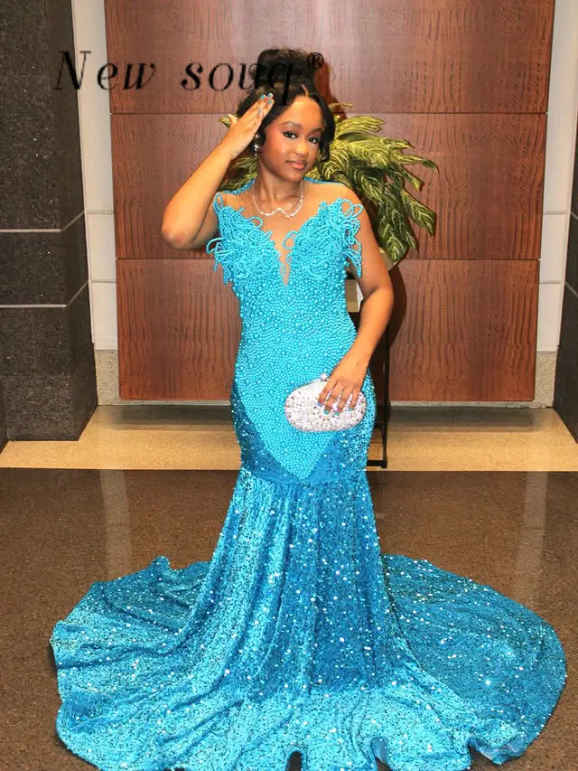 

Сверкающее синее вечернее платье на заказ больших размеров Aso Ebi, платья-русалки для выпускного вечера, расшитые жемчугом, для темнокожих девушек, вечерние гала-платья