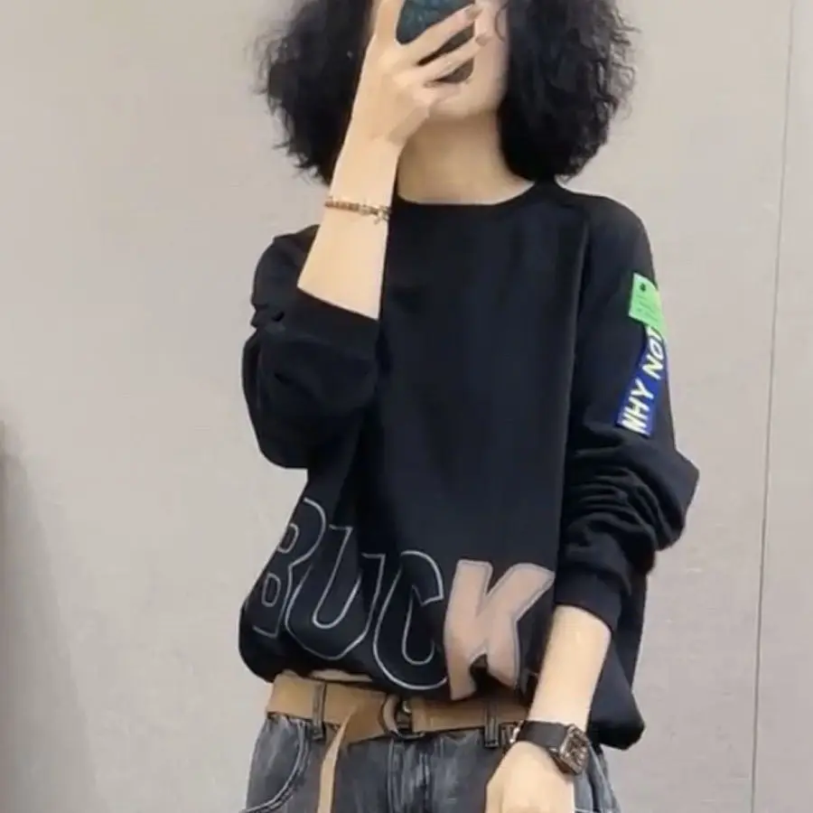 Tiktok نفس الرقبة المستديرة رسالة كبيرة الشريط سترة الربيع رقيقة خمر شخصية طباعة البلوز كم طويل المرأة البلوز #2