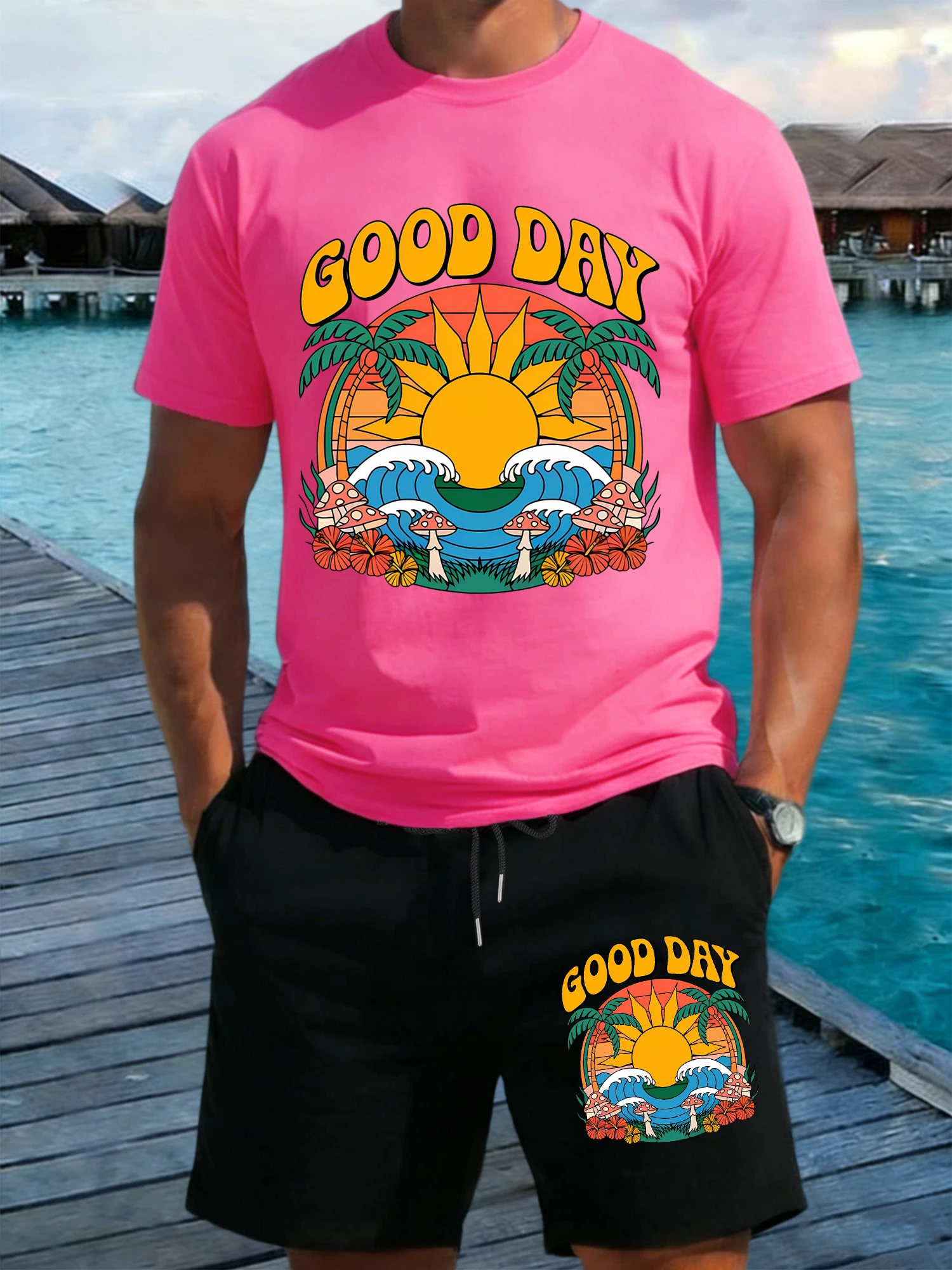 

Мужской летний комплект: футболка с принтом кокосовых пальм Good Day Beach и широкие шорты на шнурке, хлопок, круглый вырез, спортивный стиль