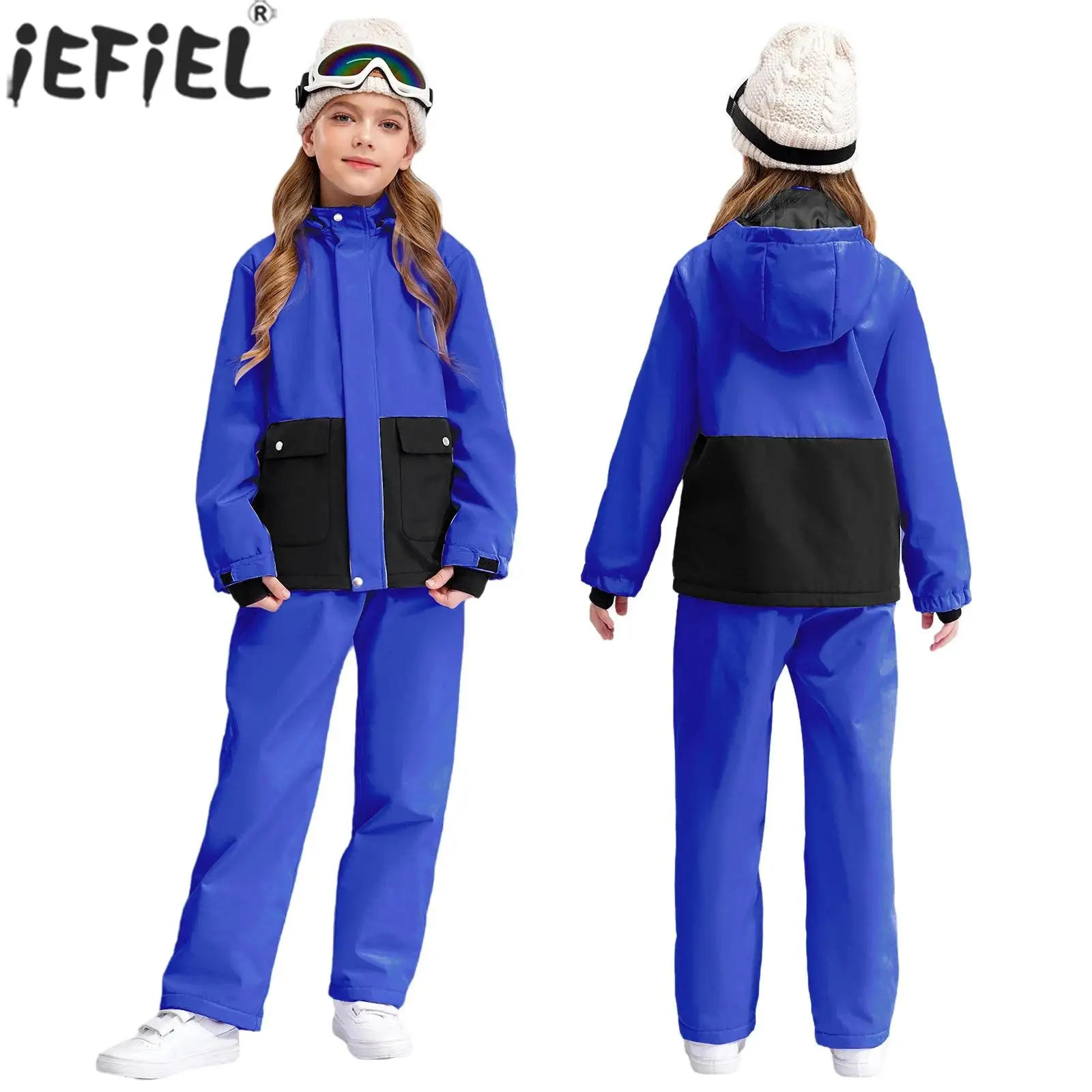 Kids Girls Windproof Warm Skiing Snowboarding Outfit Ski Suit Long Sleeve Zipper Cotton-padded Hooded Jacket with Pants Set