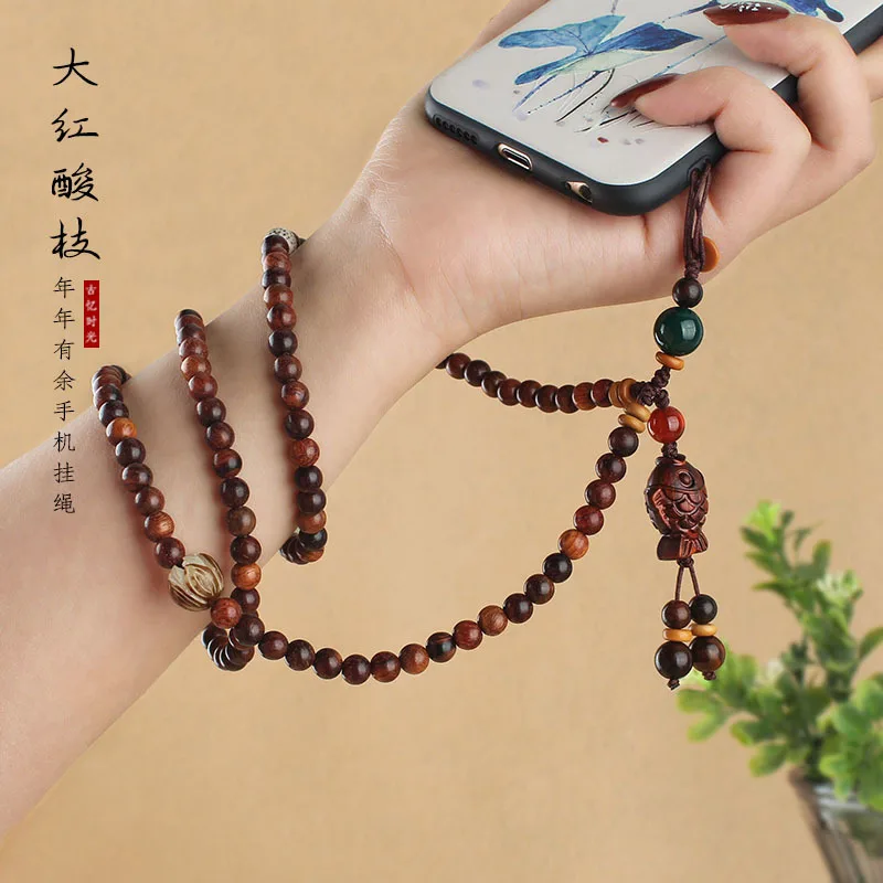 DIY accessories Chinese style red sour branch long mobile phone chain neck removable Buddha bead mobile phone lanyard anti-lost