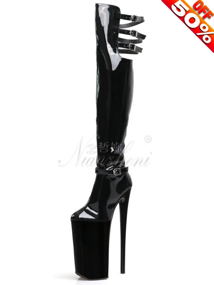 

26cm Belt Buckle Gothic Platform High Heels over the Knee Sexy Fetish Shoes Exotic round Toe Pole Dance Queen Stripper Boots