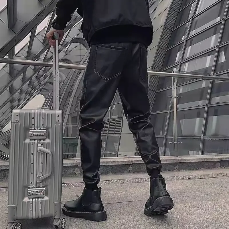 New Men's Leather Pants Trend Fashion Thickened Warm Motorcycle Windproof Waterproof PU Black Trousers Harajuku Man Streetwear