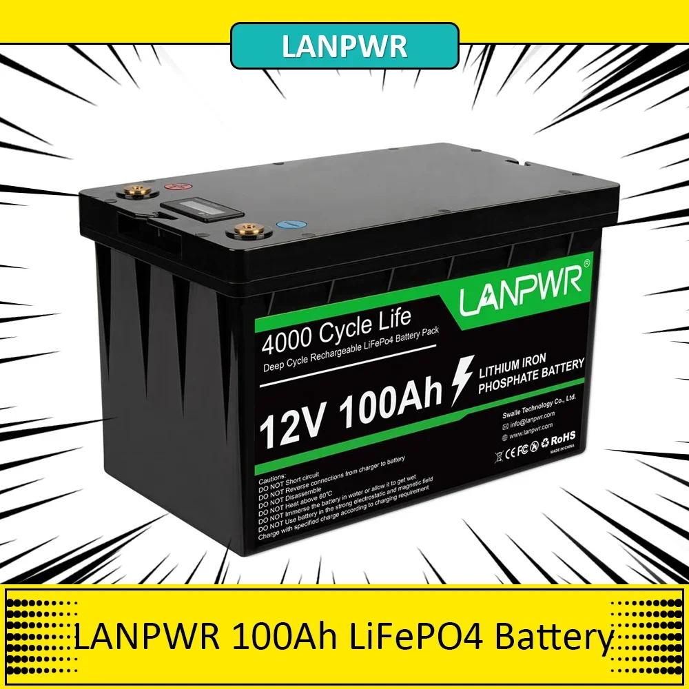 LANPWR 12V 100Ah LiFePO4 Battery Pack Backup Power, 1280Wh Energy, 4000+ Deep Cycles, Built-in 100A BMS