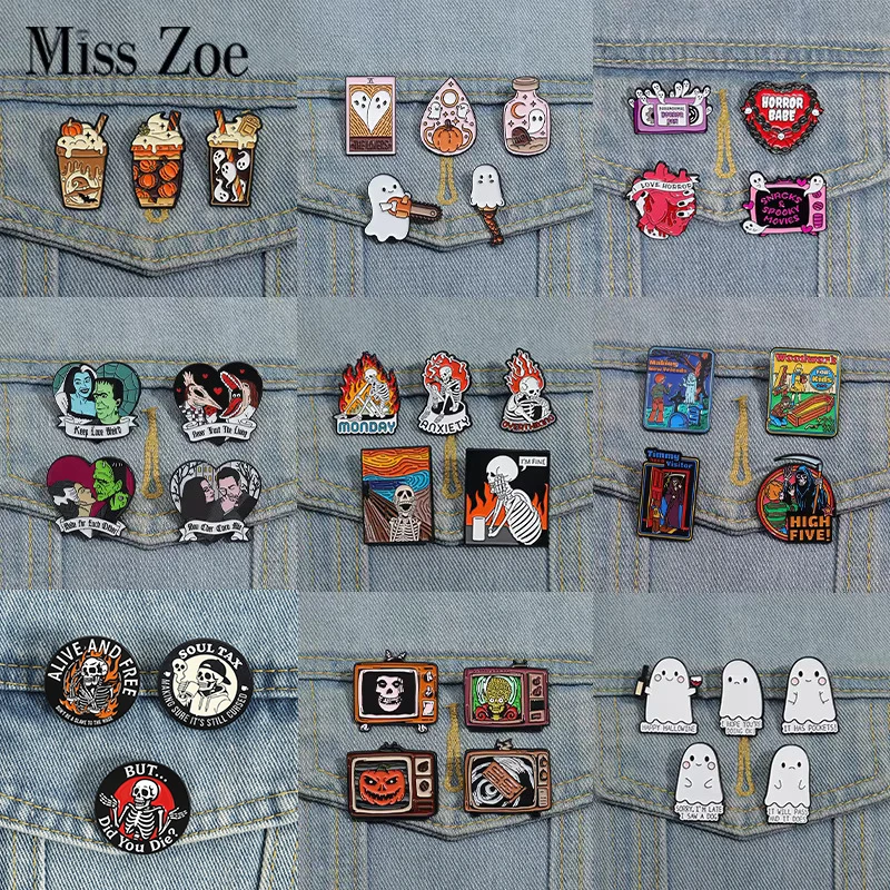 

2-6 pcs/set Punk Goth Series Enamel Pins Cute Ghost Chainsaw Killer Halloween Brooches Lapel Badges Jewelry Gift for Friends