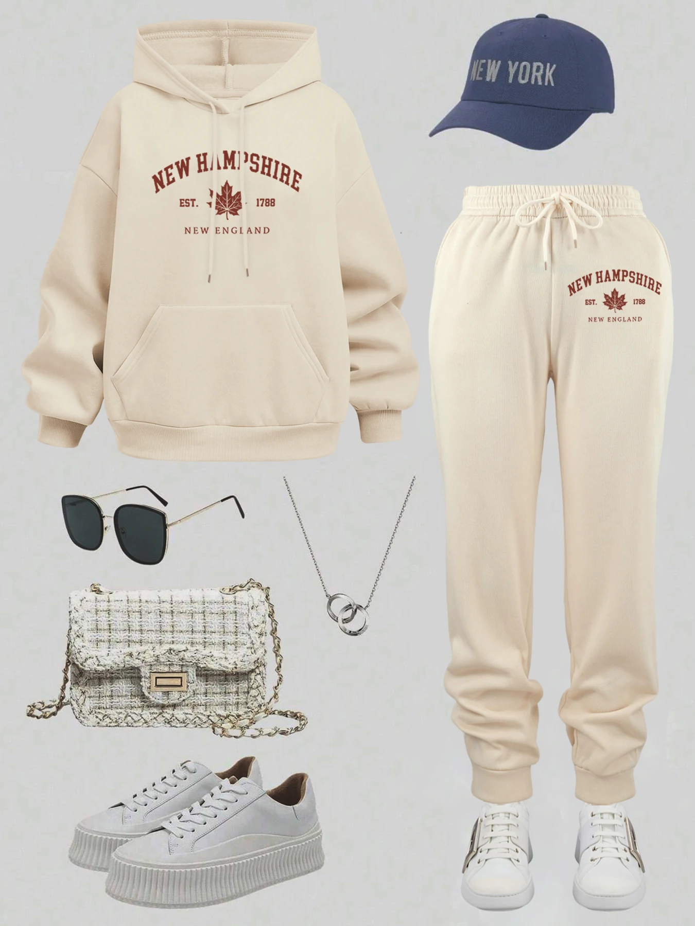 뉴햄프셔 뉴잉글랜드 패턴 여성용 따뜻한 스웨트셔츠 스포츠 플리스 후디 세트 포켓 루즈 팬츠 기본 가을 스웨트팬츠 세트