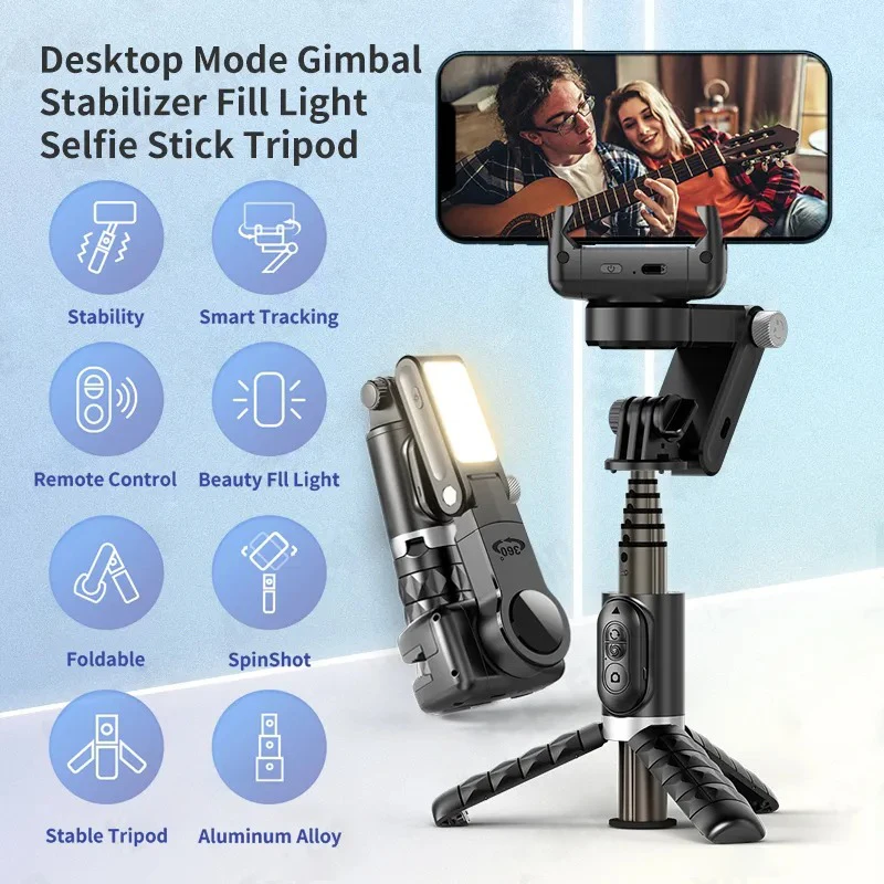 1-Axis Gimbal Selfie Stick Tripod with Remote Control, Auto Face Tracking Gimbal Stabilizer with Fill Light for iPhone Xiaomi