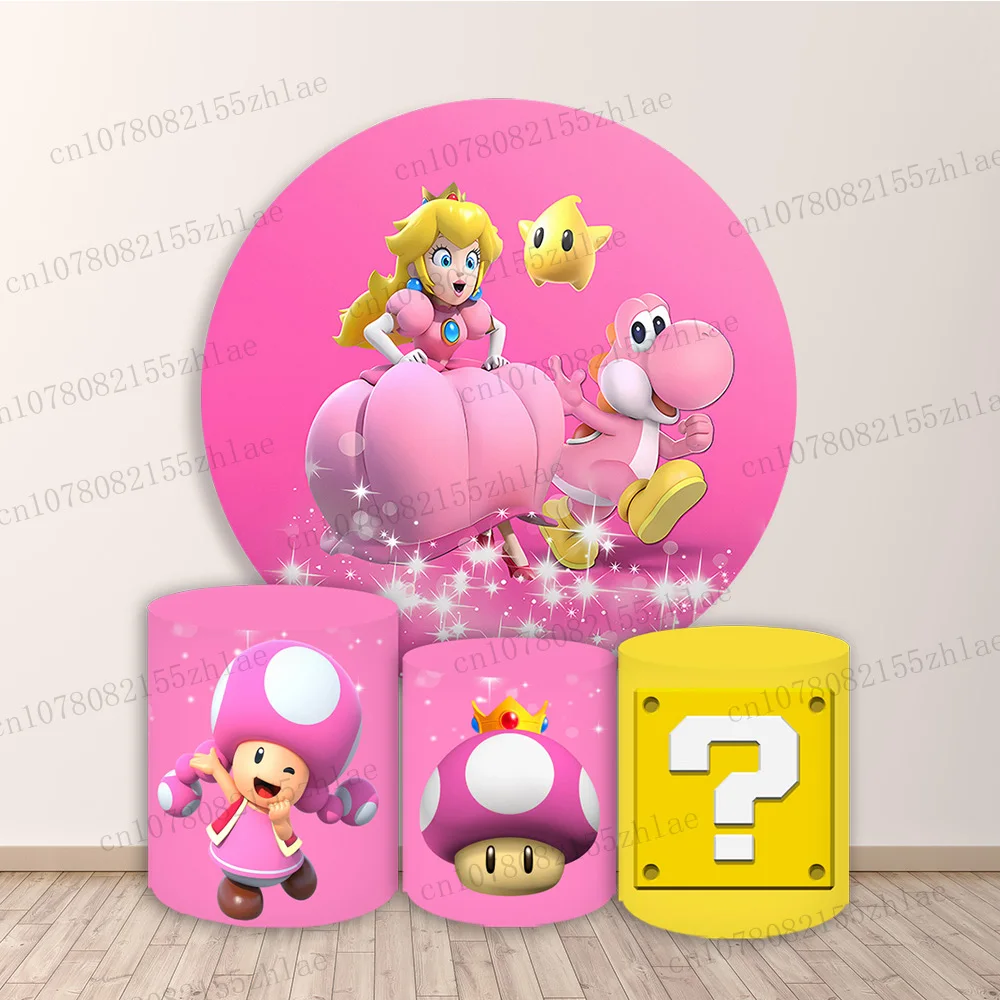 

Super Mario Peach Princess Baby Shower Photo Backdrop Birthday Party Photography Backdrop Round&Cylinders Plinth Covers