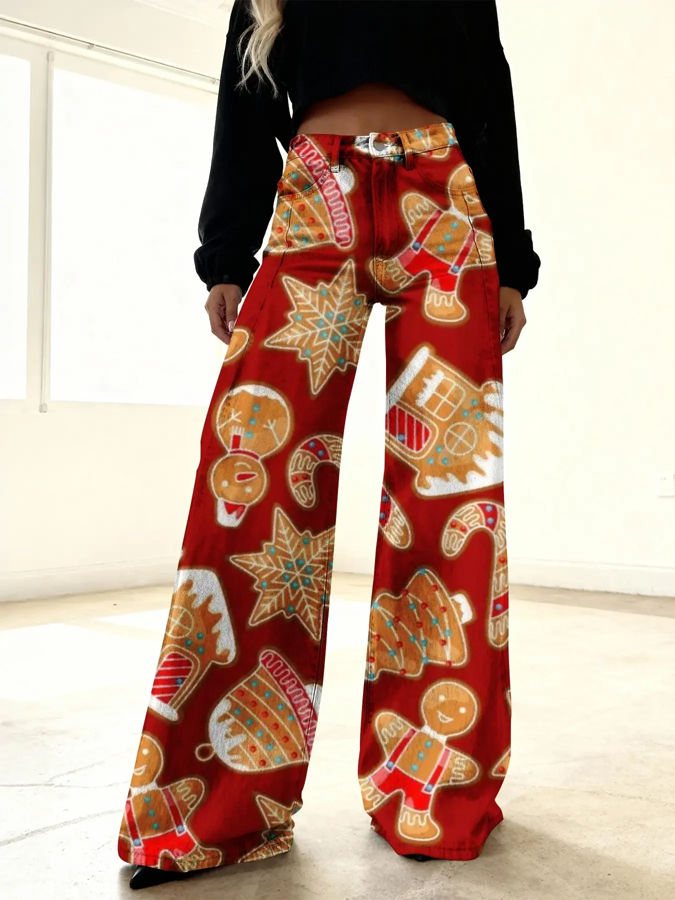 2026 Christmas women's imitation denim printed high waisted flared pants, sweet and cute, Women's Wash Set